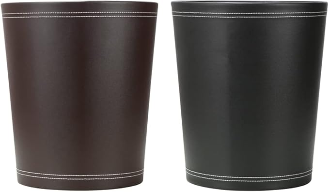 KINGFOM Classic Pu Leather Trash Can Wastebasket, Small Garbage Container Can for Bathrooms, Powder Rooms, Kitchens, Home, Office and and High Class Hotel Round Black