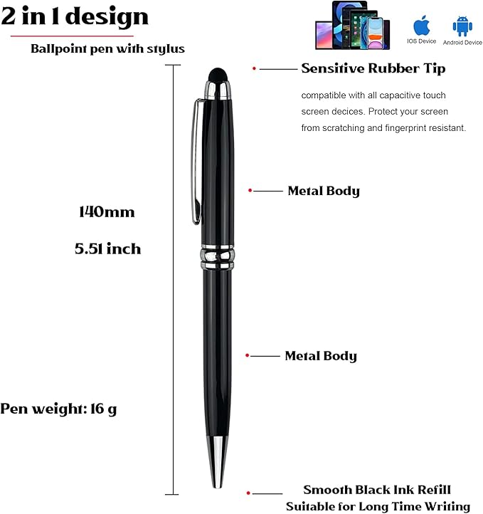 Ancolo Personalized Ballpoint Pens with Stylus - Engraved with Your Message Name/Phone Number Metal Body Black ink Gift for Bank, Office, Hotel Lobbies, Groomsmen Gift 10 Pens/Box