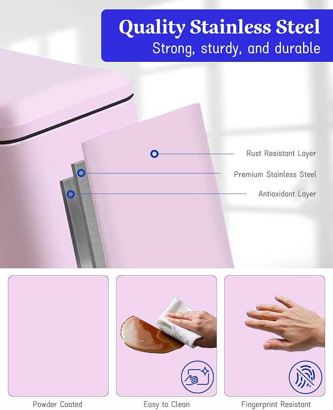 12 Gallon Slim Kitchen Trash Can, Stainless Steel Trash Can with Removal Inner Bucket and Soft-Close Lid, Pedal Garbage Can 45 Liter, Pink
