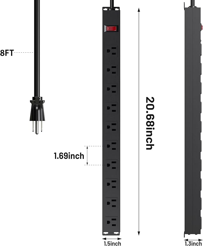 10 Outlet Metal Power Strip,8FT Long Extension Cord Heavy Duty for Kitchen,Office,School,Commercial,Workshop,Industrial,ETL Certified and Listed Socket,1825W/125V/15A,Black(8FT)