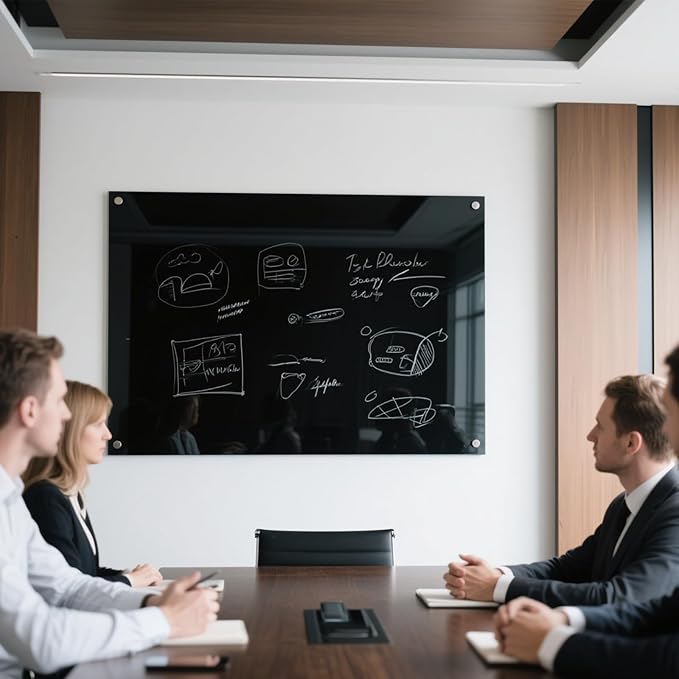 KIZZBY Black Glass Dry Erase Board - Magnetic Blackboard for Wall, 48"x36" Large Frameless Black Whiteboard for Office, Home & School