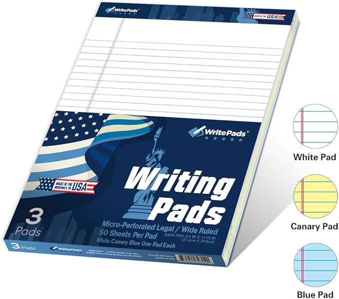 KAISA Legal Pads Large Wide Ruled Writing Pad, 8.5"x11.75" Note Pads 50 Sheets Per Pad, Ruled Paper Notepads, 20 lb Heavy Paper, Rigid Back lined Pads,3pads White Canary Blue,BK-3140,Made In The USA