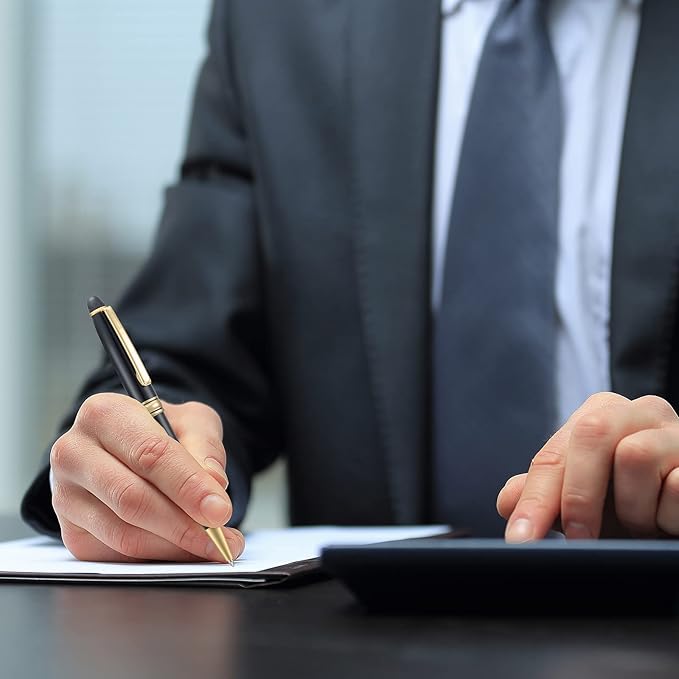 5 PCS Black Ballpoint Pens with Extra Refills Set, 1mm Medium Point Black Ink, Great Smooth Writing Metal Pen for Business Office Teacher Student Wedding Guest Gift (Gold Trim)