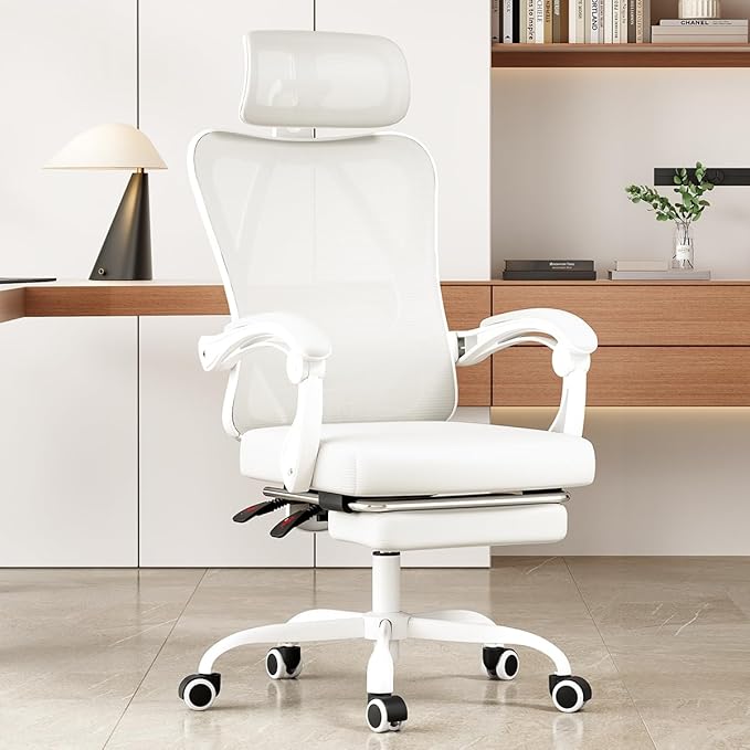 Farini Ergonomic Office Chair with Footrest, Mesh Office Desk Chair with Headrest, High Back Computer Chair with Adjustable Lumbar Support for Home Office Study Room Bedroom, White & Beige