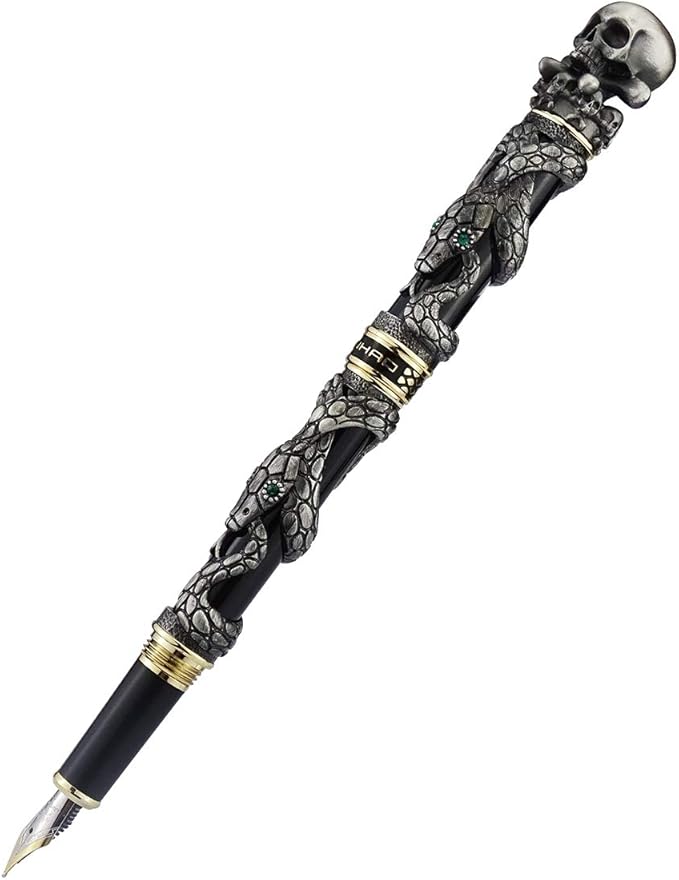 Jinhao Black Snake Fountain Pen Fine Nib with Skull Head Solid Metal