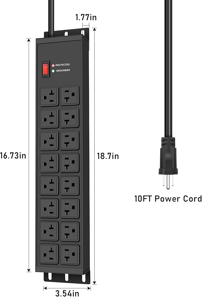 JUNNUJ Heavy Duty 20 Amp Power Strip 4800J, 16 Outlets 12 Gauge Garage Industrial Surge Protector, High Amp 5-15P Adapter Shop 6-20R T-Slot Metal Outlet, 4 FT Extension Cord Commercial for Appliance
