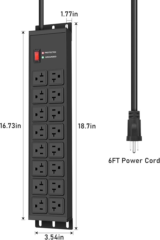 JUNNUJ Heavy Duty 20 Amp Power Strip 4800J, 16 Outlets 12 Gauge Garage Industrial Surge Protector, High Amp 5-15P Adapter Shop 6-20R T-Slot Metal Outlet, 6 FT Extension Cord Commercial for Appliance