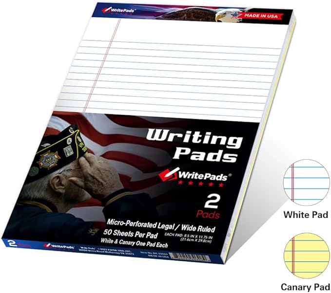 KAISA Legal Pads Letter Size Wide Ruled Writing Pads, 8.5x11 Legal Pad Note Pads 50 Sheets Per Pad,Ruled Paper Notepads, 20 lb Heavy Paper, Rigid Back, Veteran 2 Pads,BK-3098,Made In The USA