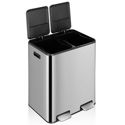 16 Gal (2 x 30 L) Dual Trash Can, Stainless Steel Kitchen Garbage Bin, Recycle Dustbin with Odor Control Box, Soft-Close Lid, Inner Buckets, Side Handle, Step Pedal, for Home Office