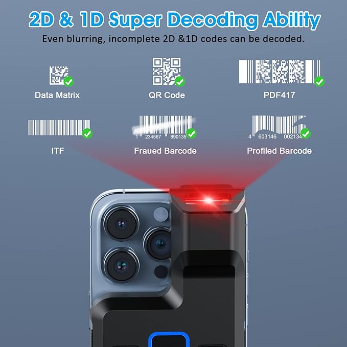 Alacrity Bluetooth 2D Barcode Scanner Upgraded 1D 2D QR Wireless Portable Back Clip Barcode Reader Scanner for Smartphone iPhone iOS Android