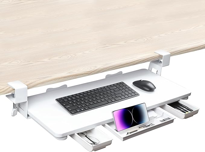 Keyboard Tray Under Desk with Drawer,26.77" X 11.81"Large Size Keyboard Tray with C Clamp-on Mount, Easy to Install, for Home Office (White)