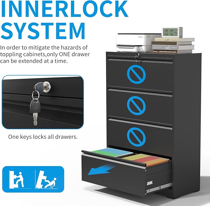 4 Drawer Lateral File Cabinet with Lock, Metal Lateral Filing Cabinet for Home Office, Steel Wide Horizontal Filing Cabinets for Letter/Legal/A4/F4 Hanging Files (Black)