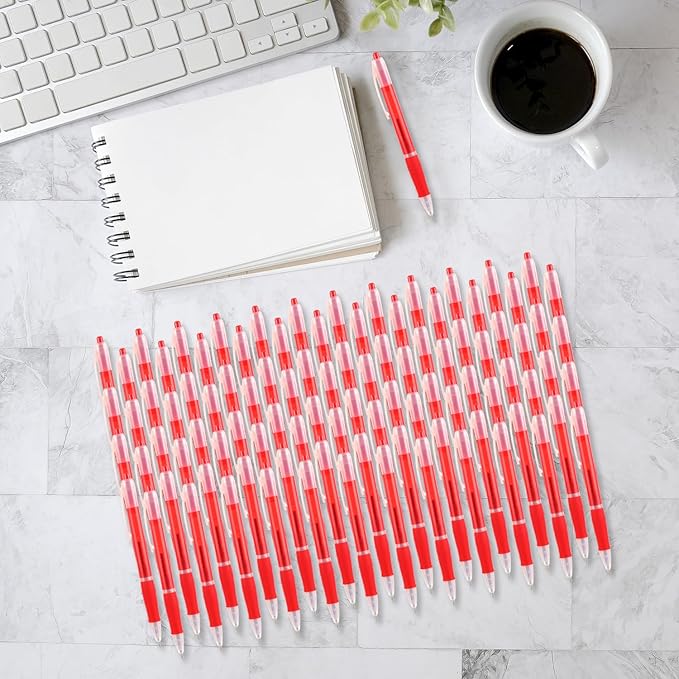 Aozora Retractable Pens Ballpoint Super Smooth Writing Pens Bulk 100 pack Medium Point 1.0mm No Bleed Click Pens with Soft Grip Red Ink