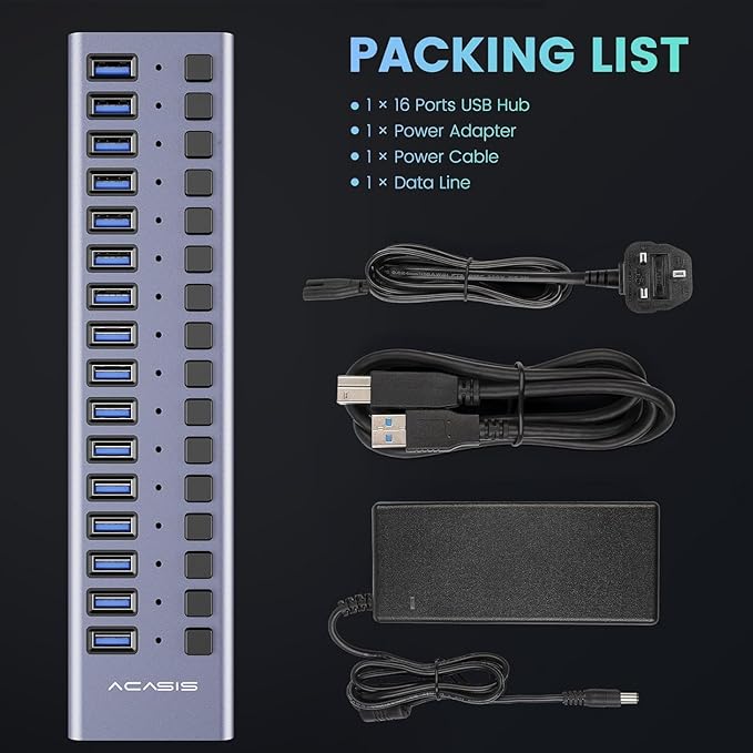 90W Powered USB Hub - ACASIS 16 Ports USB 3.0 Data Port, Aluminum Housing, Individual On/Off Switches, 12V/7.5A Power Adapter, USB Splitter for Laptop, PC, Computer, Printer