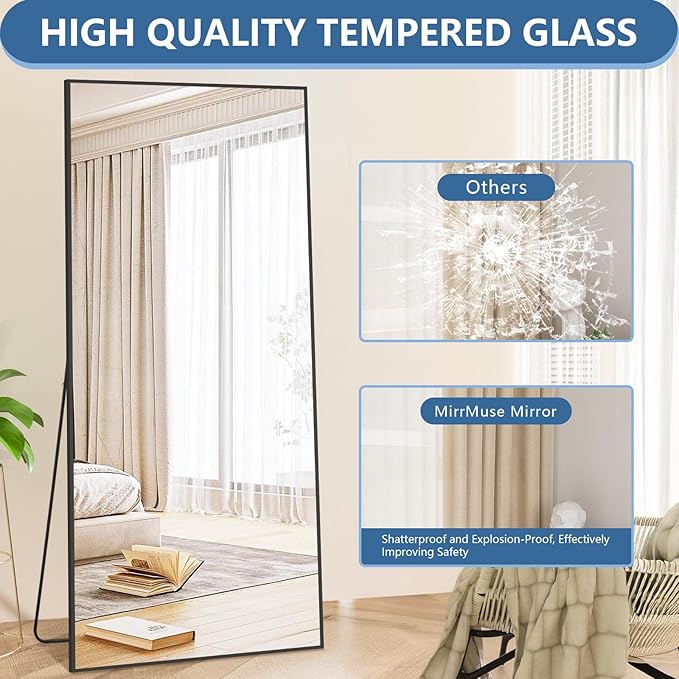71"X32" Floor Mirror Full Length with Stand, Black Rectangle Large Free Standing Full Length Body Mirror for Gym Bedroom Living Room, Tempered Glass, Aluminum Alloy Frame