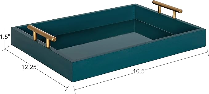 Kate and Laurel Lipton Mid Century Modern Decorative Wood Tray with Brushed Gold Metal Handles, Dark Teal