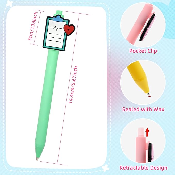 Nurse Pen with Badge Reel Holder Clip Combination,Nursing ID Badges Name Card Reels Novelty Gel Pens Funny Ballpoint Pen Nursing Charms Accessories Cna Work Supplies Nurse Week gifts Party Favors 20P