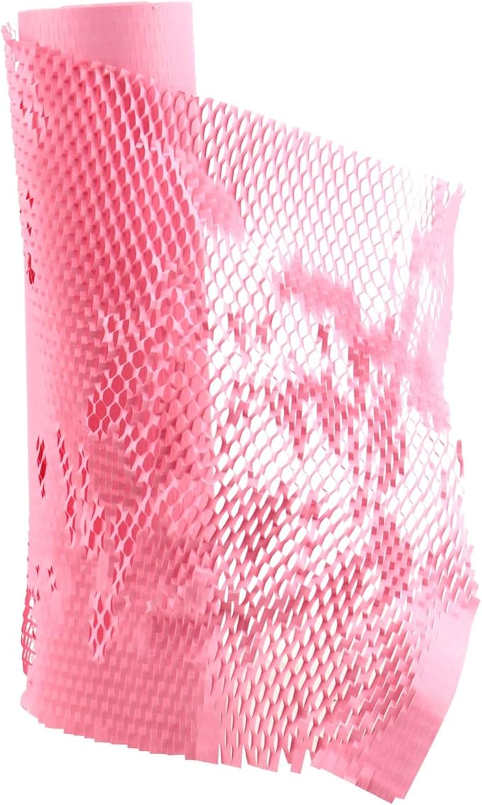 JAPCHET 15 In x 164 Ft Pink Honeycomb Packing Paper, Honeycomb Paper with Sticker Labels and 10 m Rope Honeycomb Wrap Roll for Packaging and Shipping