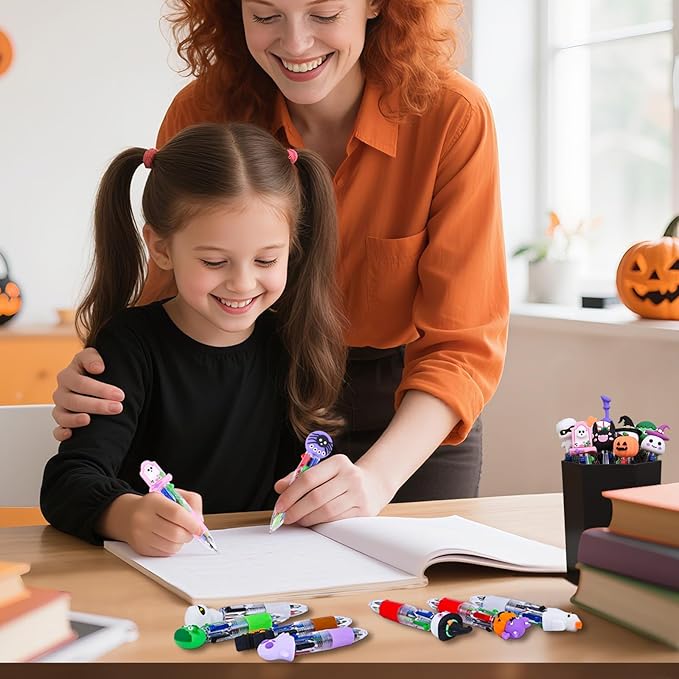 LiYiQ 50 Pcs Halloween Colorful Multicolor Pen in One Cartoon Cute Fun 4-in-1 Cute Pens Bulk Kawaii Pumpkin Ghost Bat Shape Cool Ballpoint Pens for Kids Fun Gifts