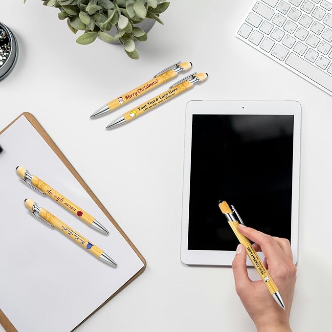 Personalized Pen Bamboo Pen with Stylus -Customizable Text Logo Name Ballpoint Pens with Black Ink-Personalized Gift Ideas for Office School Business Home(10 Count/Pack)