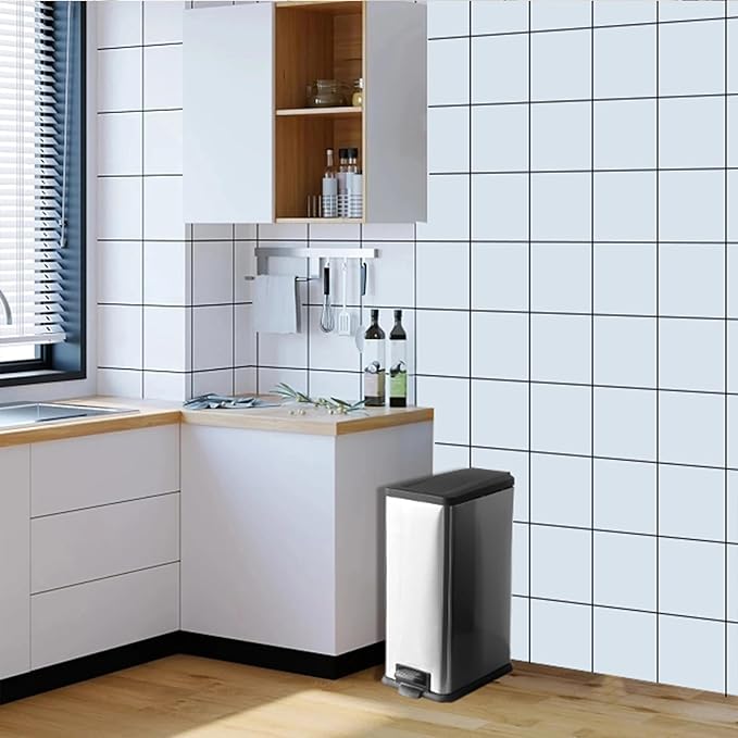 12 Gallon Trash Can with Lid,45L Kitchen Garbage Can,Stainless Steel Trash Can for Narrow Spaces with Soft-Close Lid, Inner Bucket, and Step-on Pedal
