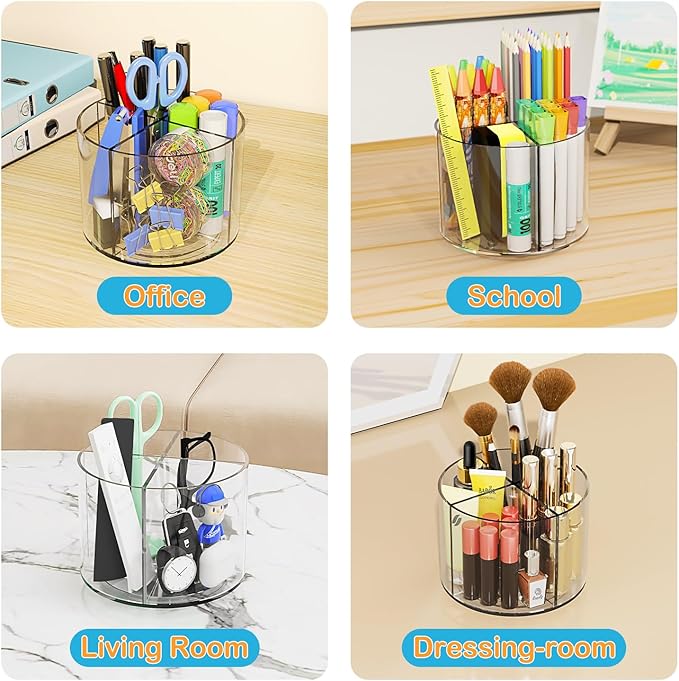 Acrylic Pen Holder, 360 Degree Marker Organizer for Desk, Rotating Desk Storage With 4 Compartments, Art Supply Crayon Holder for Office School Home, Clear