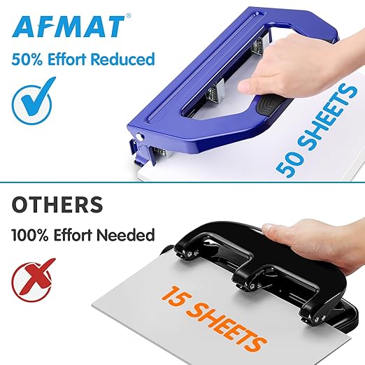 AFMAT 3 Hole Punch, Metal Heavy Duty Paper Punch with 50-Sheet Capacity and Removable Punch Heads for 2 Hole Punch Function, Large Chip Tray, Blue