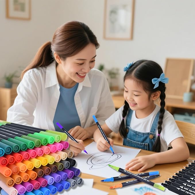 24 Colored Dual Tip Markers Fine & Brush Pens - No Bleeding, Coloring Markers for Adult, Sketching, Drawing, Journaling Art Marker Set