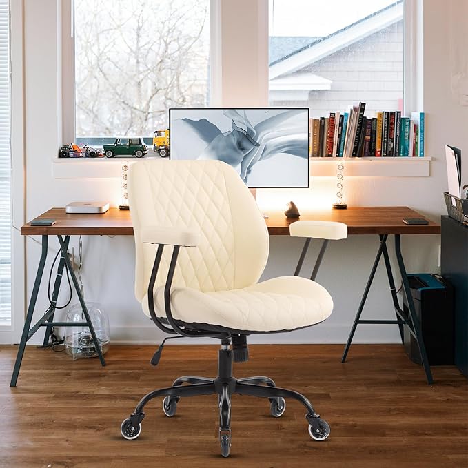 YFO Home Office Desk Chair Office Rubber Casters Ergonomic Computer Chair with Lumbar Support Adjustable Height Rolling Swivel Executive Task Armrests Chair๏ผ White Leather