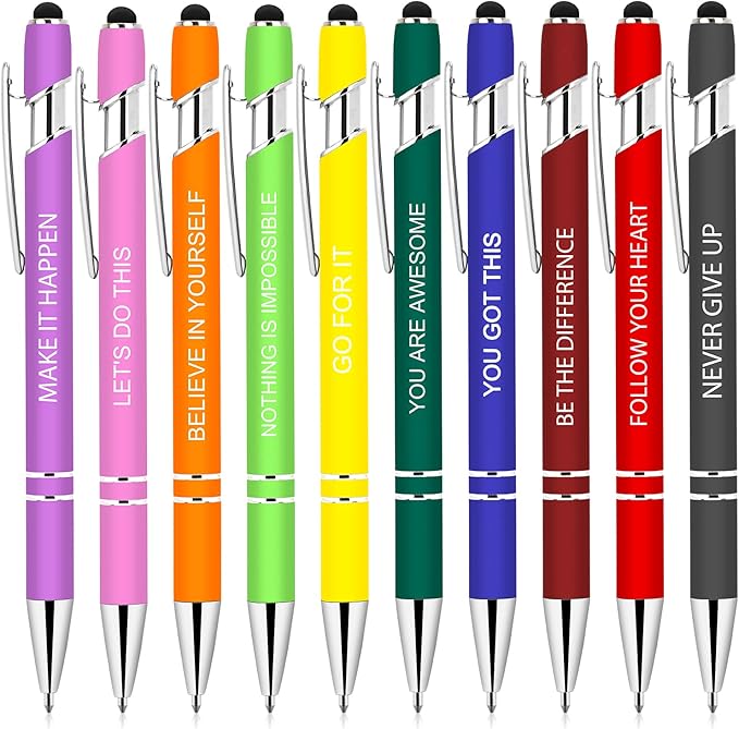 10 Pcs Inspirational Pens - Motivational Ballpoint Pen with Stylus Tip Ink Pens Bulk Inspirational Gifts for Women Coworkers Office Supplies Black Ink