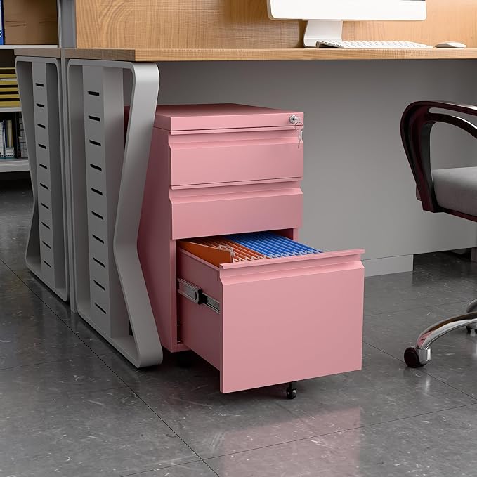 2 Drawer Mobile File Cabinet with Lock, Under Desk Metal Filing Cabinet for Office, Home,Vertical Cabinet Legal/Letter Size, Need to Assembled (Pink)