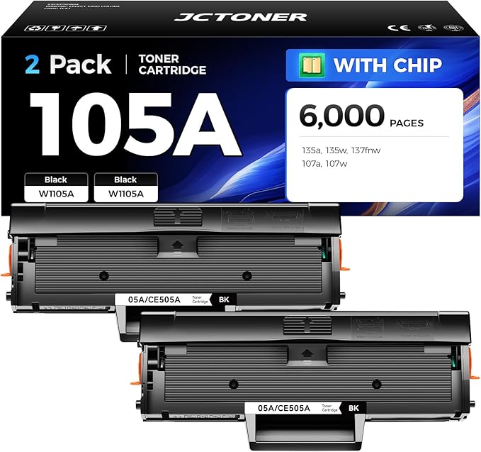 105A Black Toner Cartridge Combo Set 2-Pack with chip High Yield Replacement for HP 105A W1105A Toner Cartridges Compatible with HP Laser MFP 135a 135w 137fnw 107a 107w Printer Ink 135 137 107 Series