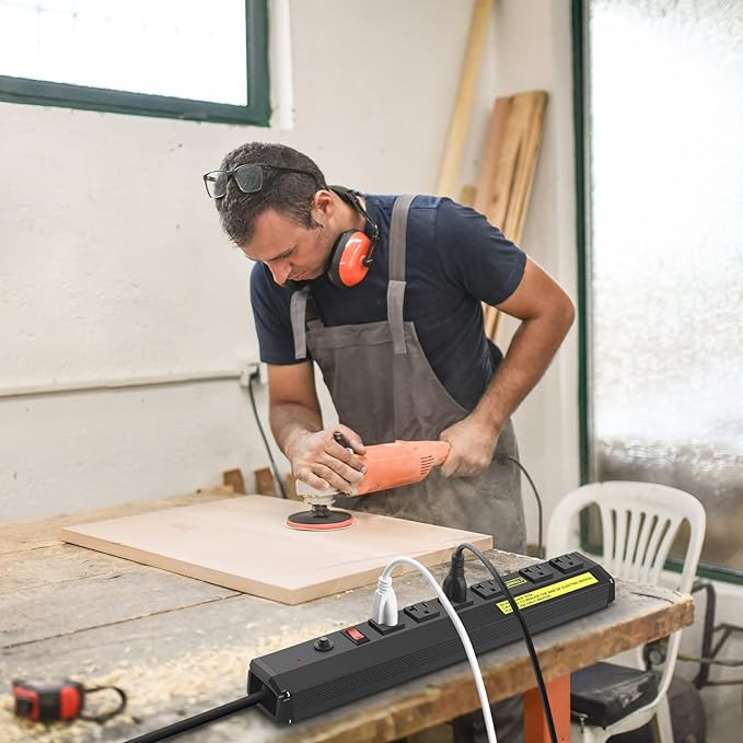 JUNNUJ Heavy Duty 20 Amp Power Strip 2 Pack, High Amp Surge Protector 6 Outlet, 20A Power Workshop Industrial Outlets Wide Spaced 6-20R T-Slot with Circuit Breaker,12 Gauge Extension Cord 6ft