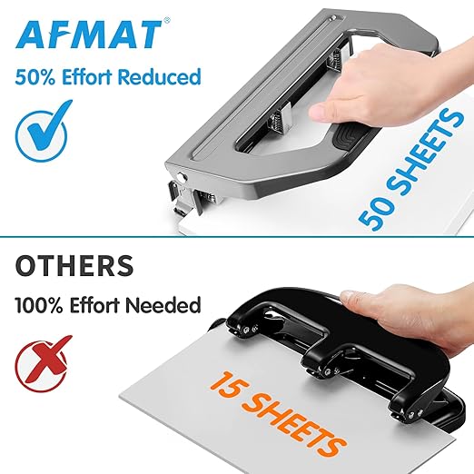 AFMAT Heavy Duty 3 Hole Punch, 50-Sheet, 50% Reduced Effort, Adjustable Two & Three Hole Punch, Metal Paper Puncher w/Large Chip Tray, Metal Paper Guide, Gray