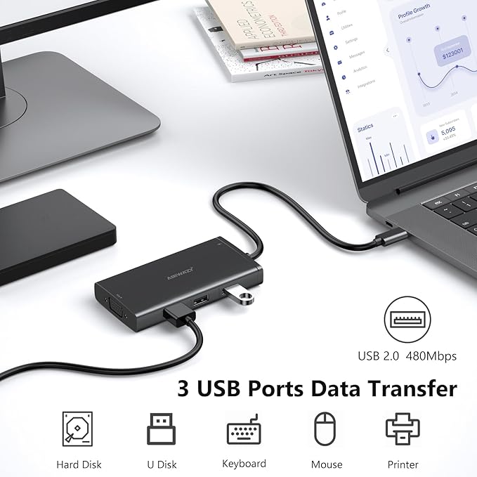 ABIWAZY USB C Docking Station Dual Monitor for HP Dell Lenovo Thinkpad Surface, 8 in 1 Computer Multiple Monitor Hub Adapter to Dual 4K HDMI,DisplayPort,VGA, 00W PD,3 USB for Windows Laptops(Black)