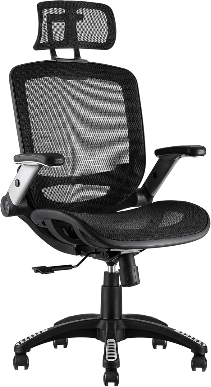 GABRYLLY Ergonomic Office Chair, High Back Home Desk Chair with Headrest, Flip-Up Arms, 90-120° Tilt Lock and Wide Cushion, Big and Tall Mesh Chairs for Man Woman, Black Task Chair