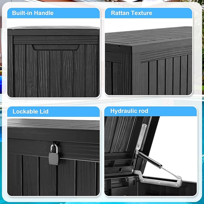 200 Gallon Lockable Resin Deck Box, Waterproof & UV-Resistant Outdoor Storage Box for Outdoor Cushion Storage, Garden Tools & Pool Accessories Storage, Black