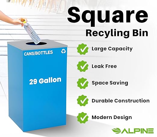Alpine Commercial Indoor Recycle Bin with Lid - 29 Gallon Blue Recycle Bin Recycle Trash Can Office Recycling Bins, Metal Recycling Container with Stickers & 3 Optional Lids Sold Separately