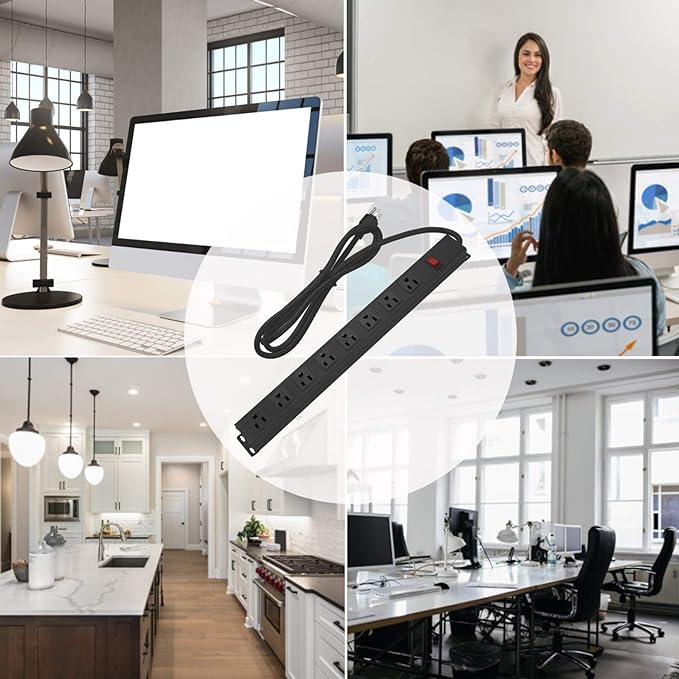 2Pack Metal 8 Outlet Mountable Power Strip, Wall Mount Outlet Heavy Duty, Wide Spaced Commercial Shop Power Strip with Switch, 6 FT SJT 14AWG Power Cord.