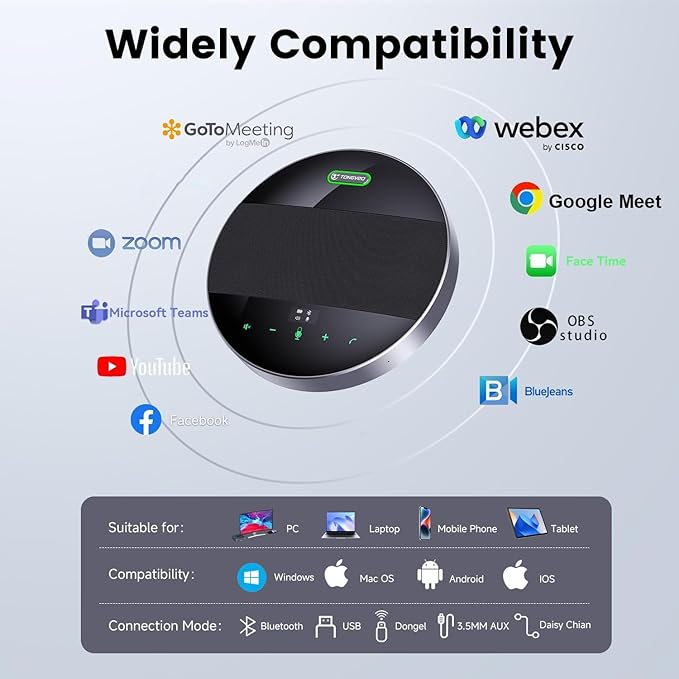 2-in-1 Conference Speaker and Microphone, Daisy Chain Wireless Bluetooth Speakerphone with 360° omnidirectional mics USB/Dongle/Bluetooth Connection 18H Talk Time for 15-30 People Meeting