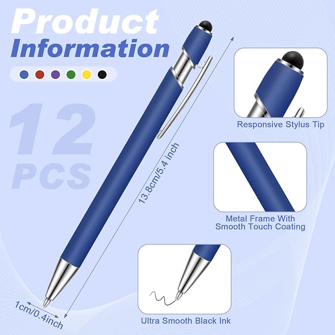Tenare 12 Pieces Ballpoint Pen with Stylus Tip, 1.0 mm Black Ink Metal Pen 2 in 1 Stylus Pen for Touch Screens, Stylus Ballpoint Pen(Bright Color)