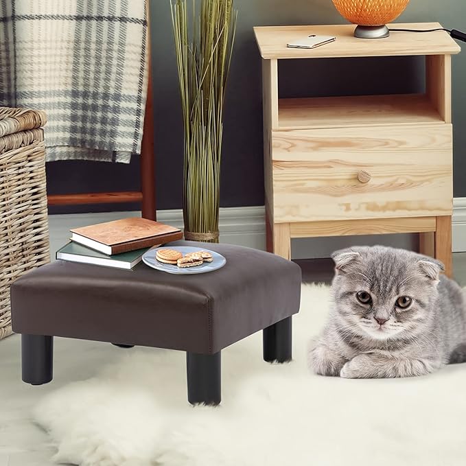 Joveco Small Foot Rest Stool Ottoman, 15" Leather Footrest Square Footstool with Non-Skid Plastic Legs, for Chair, Under Desk, Office, Living Room, Brown