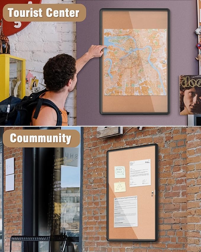 36"x24" Enclosed Bulletin Board, Lockable Weather-Resistant Aluminum Cork Noticeboard for School & Office, Black Frame w/Cork