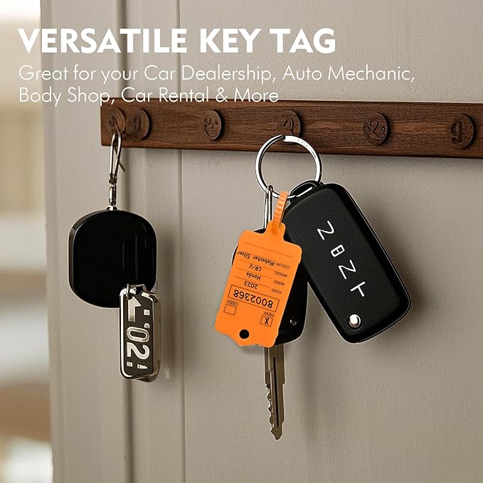 50 Car Key Tags with Labels Plastic Car Dealership Key Tags Self Locking Automotive Identifiers Blank Shop Labels with One Pen (Orange)