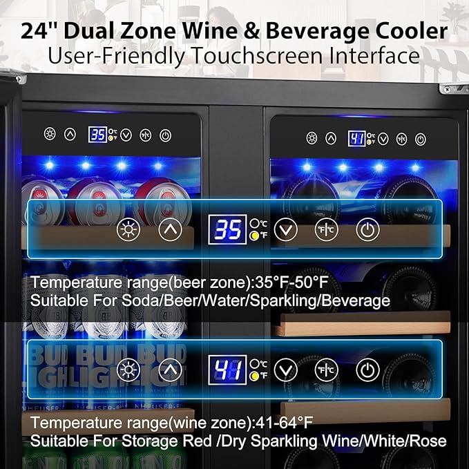 24" Dual Zone Wine & Beverage Refrigerator – Under Counter Cooler with Upgraded Cooling & Blue LED Light, Hold 20 Bottles and 88 Cans Large Capacity Wine Fridge, Built-In or Freestanding – Black