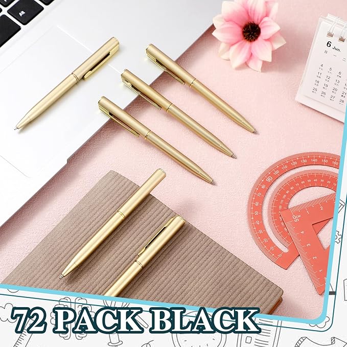 Teling 72 Pcs Small Ballpoint Pen Mini Pens Bulk 4 Inch Short Small Tiny Black Ink Ballpoint Writing Tool for Notebook Pockets Signature Notepads School Office(Gold,Classic Style)
