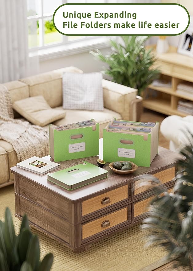 Accordion File Organizer, 12 Pockets Wheat Straw Expanding File Folders, Upright & Open Top, Monthly Bill Receipt Organizer, 100% BPA Free, Return to Nature, Healthy Living, Letter/A4 Size-Mint Green