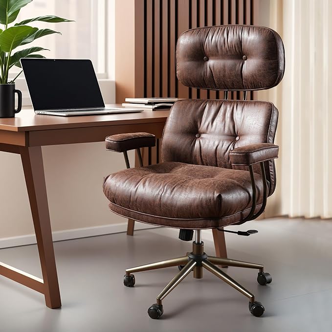 ovios Ergonomic Home Office Chair, Mid-Century Modern Faux Leather Chairs with Thickened Cushions, Comfy High Back Swivel Rolling Executive Computer Armchair (Dark Brown, Suede Leather)