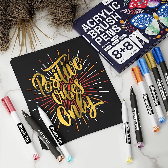 Acrylic Paint Pens Brush Tip, 8 Metallic & 8 Basic Colors Acrylic Paint Markers. Calligraphy Brush Set for Rock Painting, Scrapbooking, Sumi Brush, Lettering, Card Making, Sketching, Black Paper, DIY