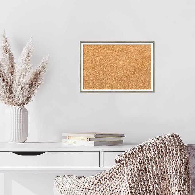 Amanti Art Natural Cork Board for Wall, 13x19 Vision Board with Silver Wood Frame, Small Corkboard Office Decor for Home Organization, Modern Corkboard Pinboard to Display Items for Home Organization